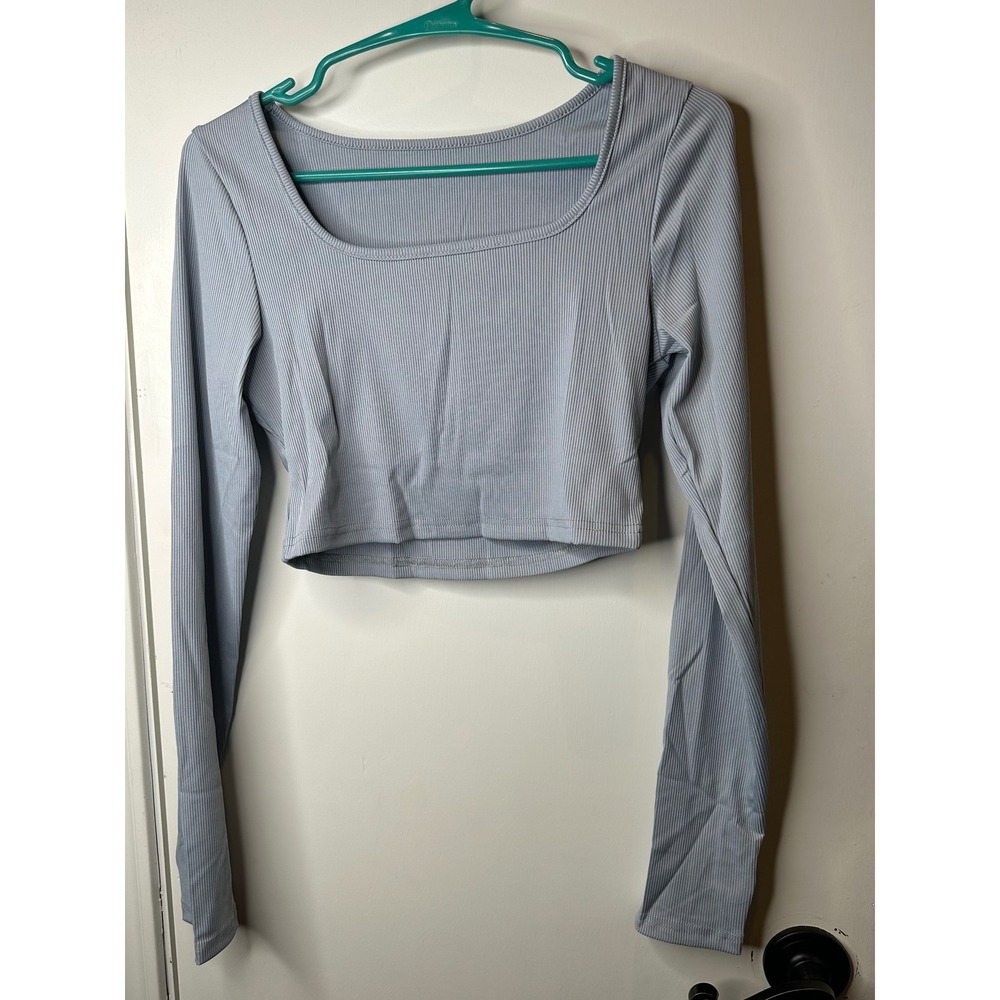 Unbranded Ribbed Long Sleeve Crop Top Light Blue Square Neck Thumbhole Womens M
